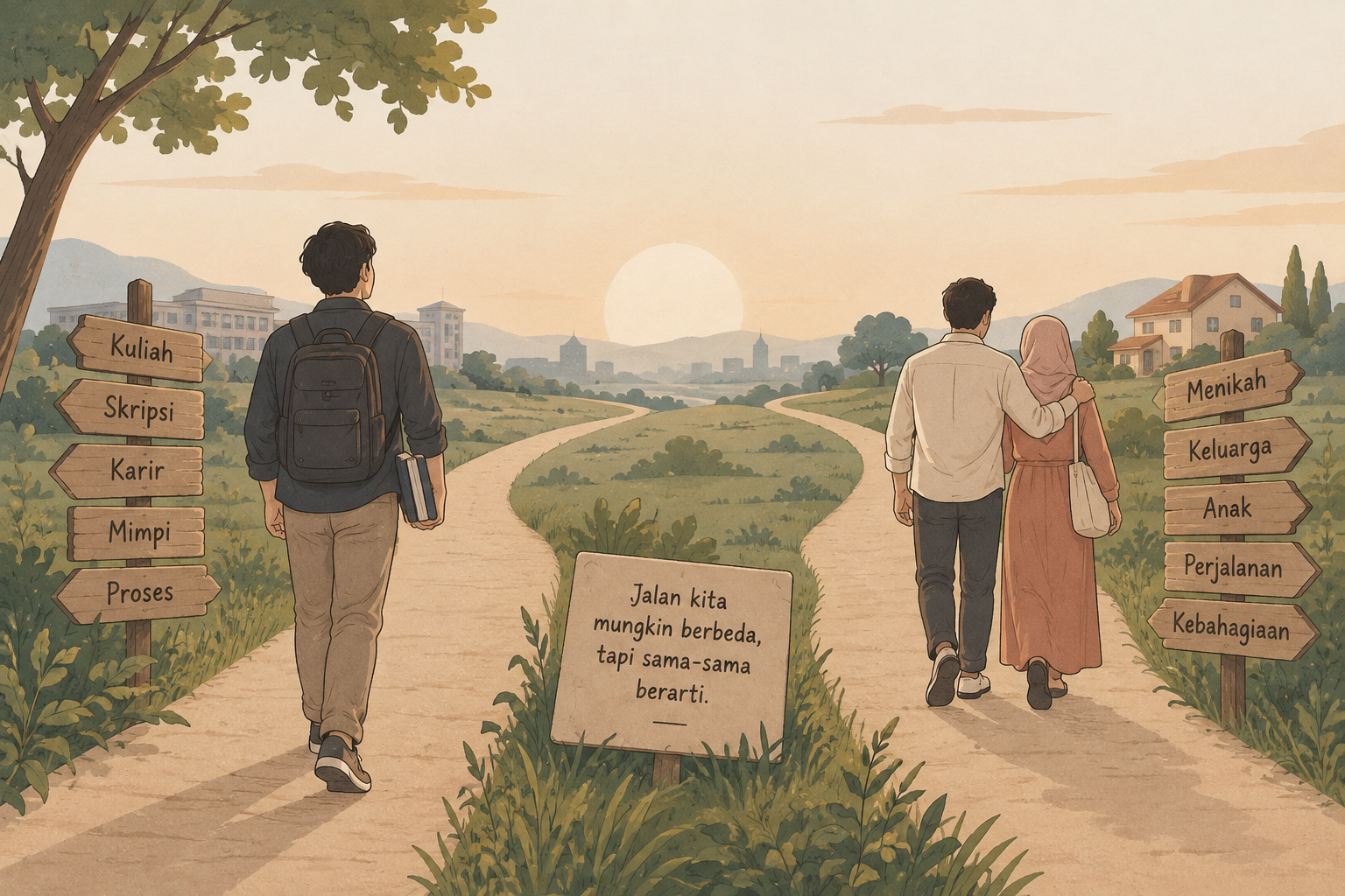 Ilustrasi dua jalan kehidupan dengan pilihan yang berbeda
