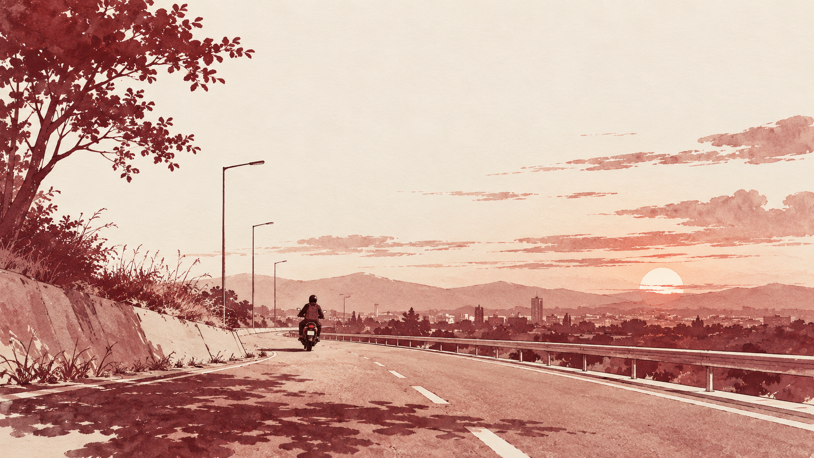 Ilustrasi jalan senja dan motor yang melambangkan refleksi tentang keberanian.